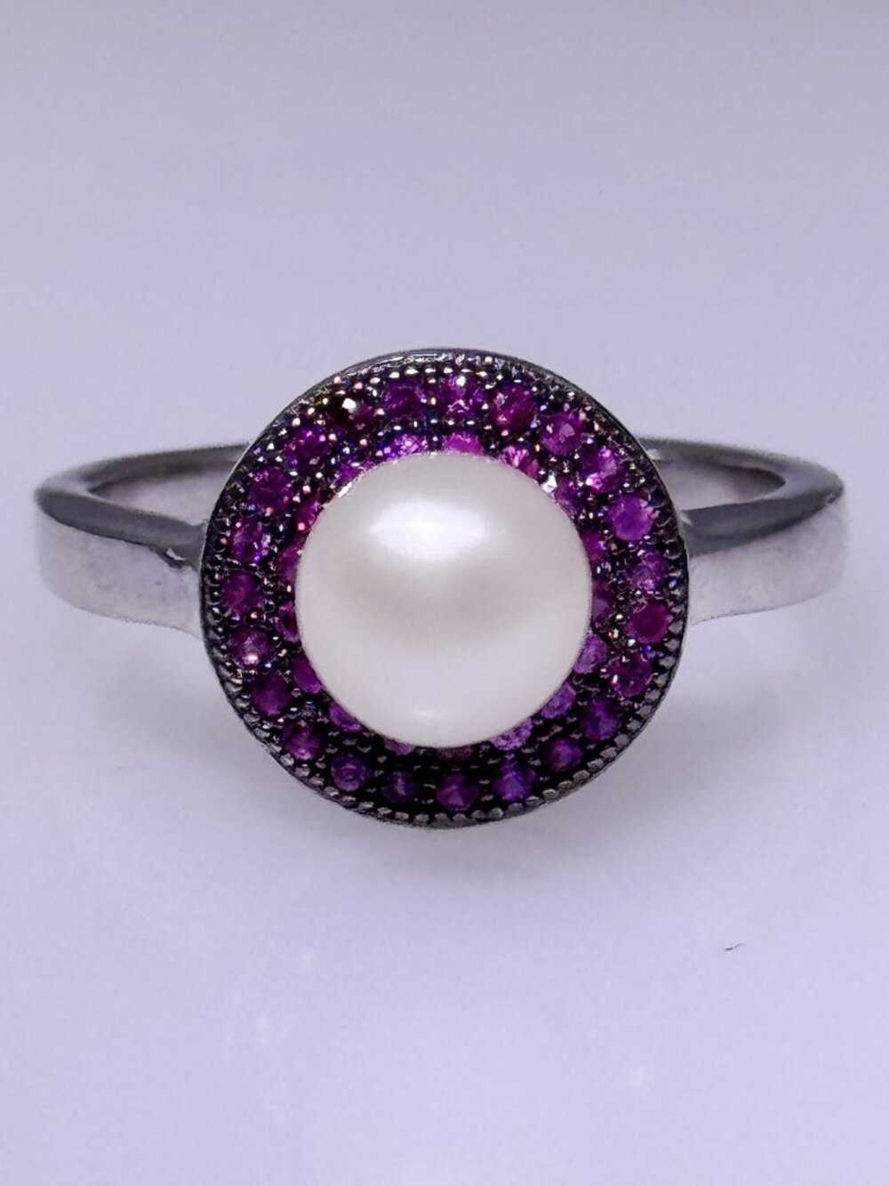 Sterling silver ring with freshwater pearl and small faceted pink Sapphires NWOT